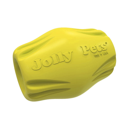 Jolly Chew Bobble dog toy in bright yellow, designed for durable play and interactive fun for dogs