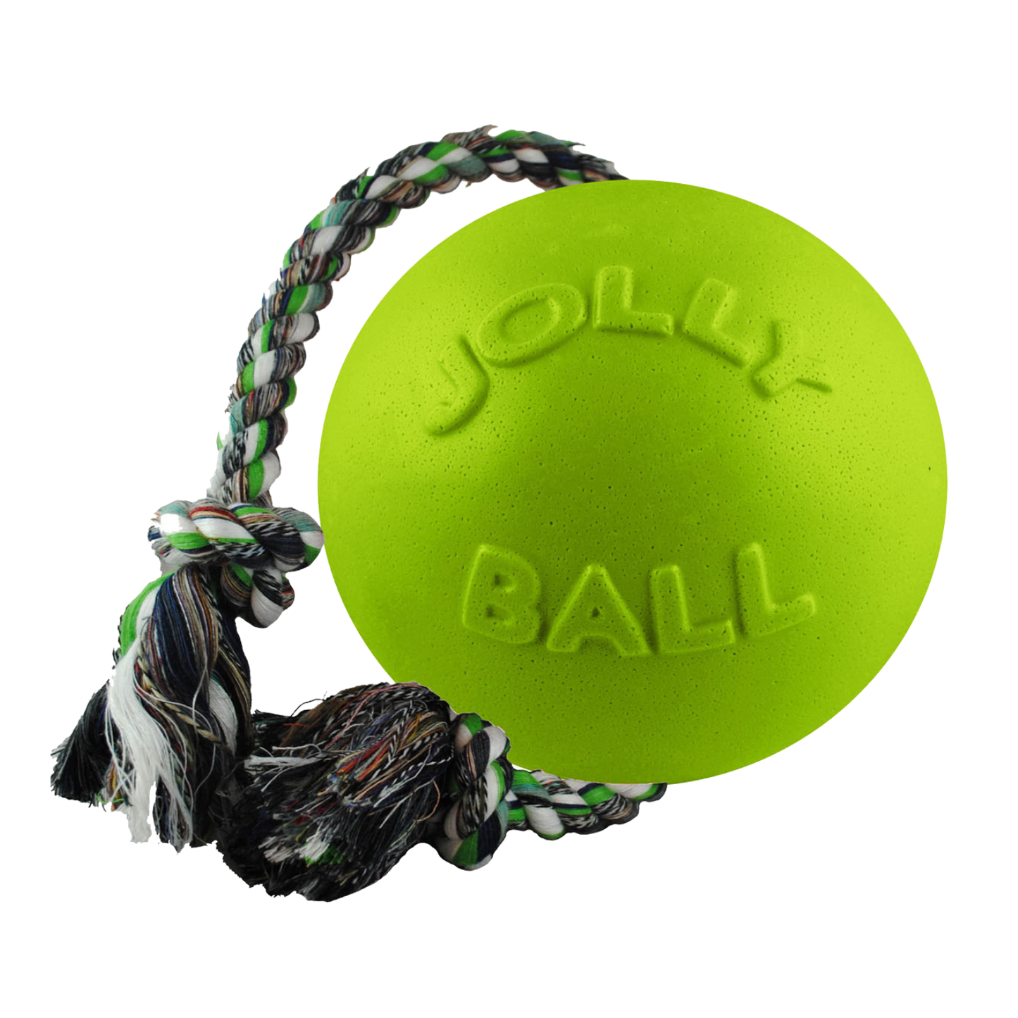 Jolly Pets dog rope ball toy in bright green with durable braided rope for active playtime