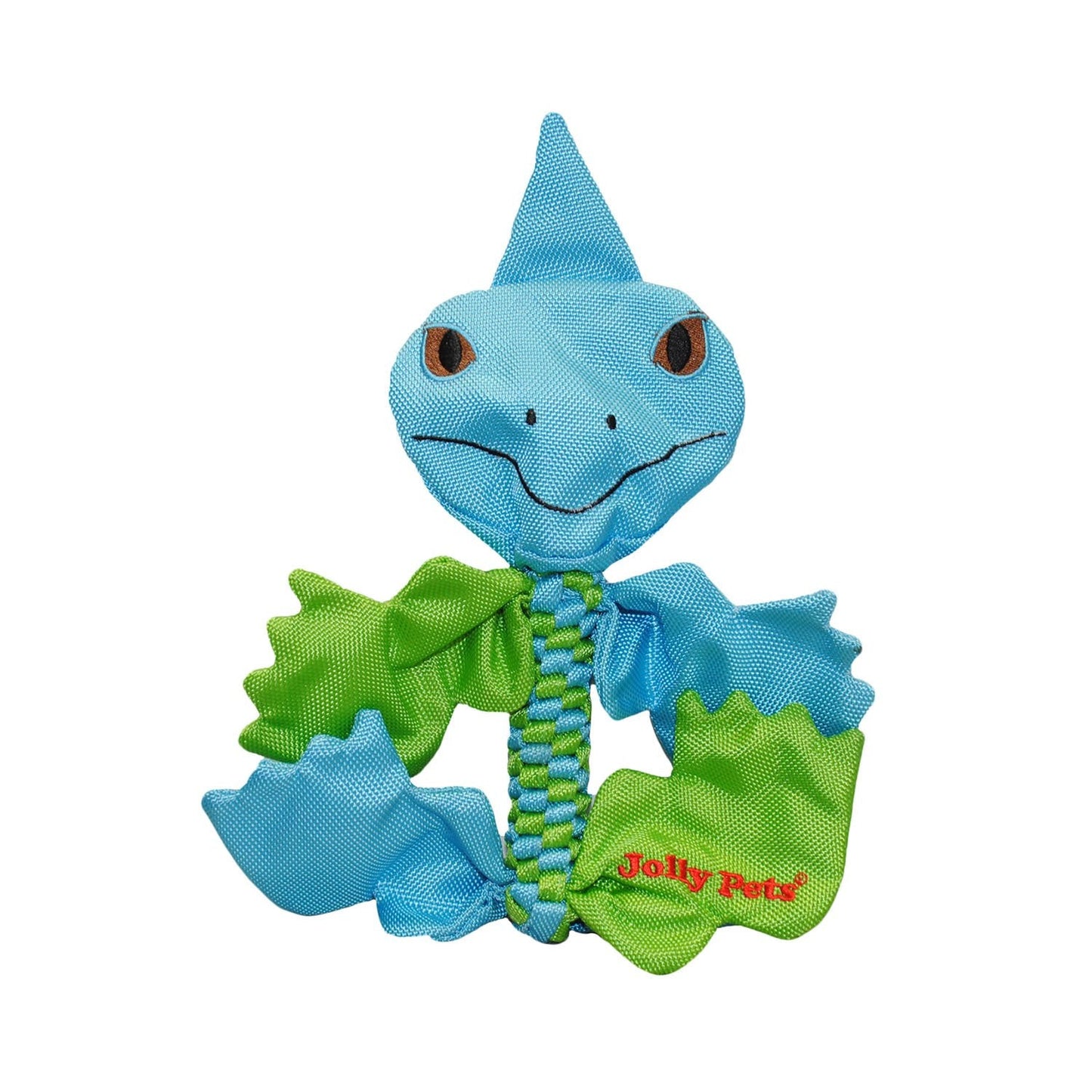 Jolly Pets dog chew toy flathead featuring a colorful dinosaur design for interactive play