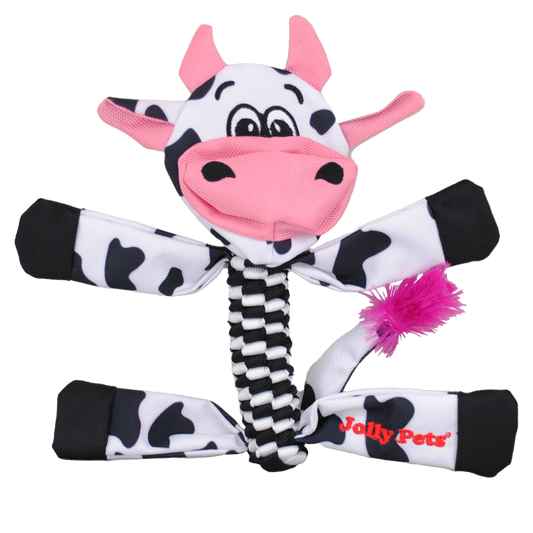 Jolly Pets dog chew toy flathead in cow design with fun colors and durable fabric for dogs