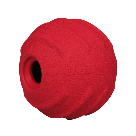 Jolly Tuff Tosser interactive dog ball in red, designed for durable play and interactive fun with pets