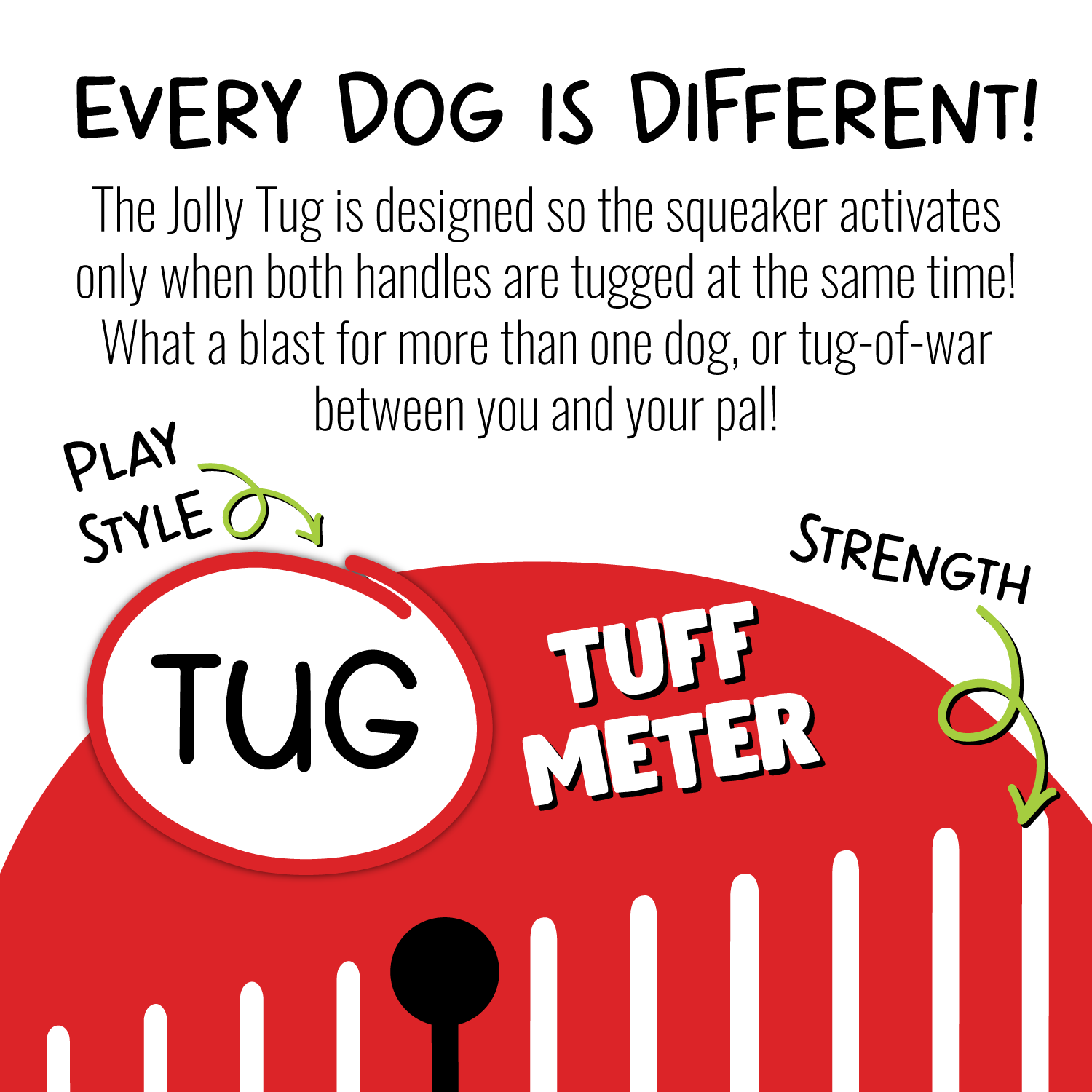 Jolly Tug dog toy featuring dual handles and a squeaker for interactive play with multiple dogs