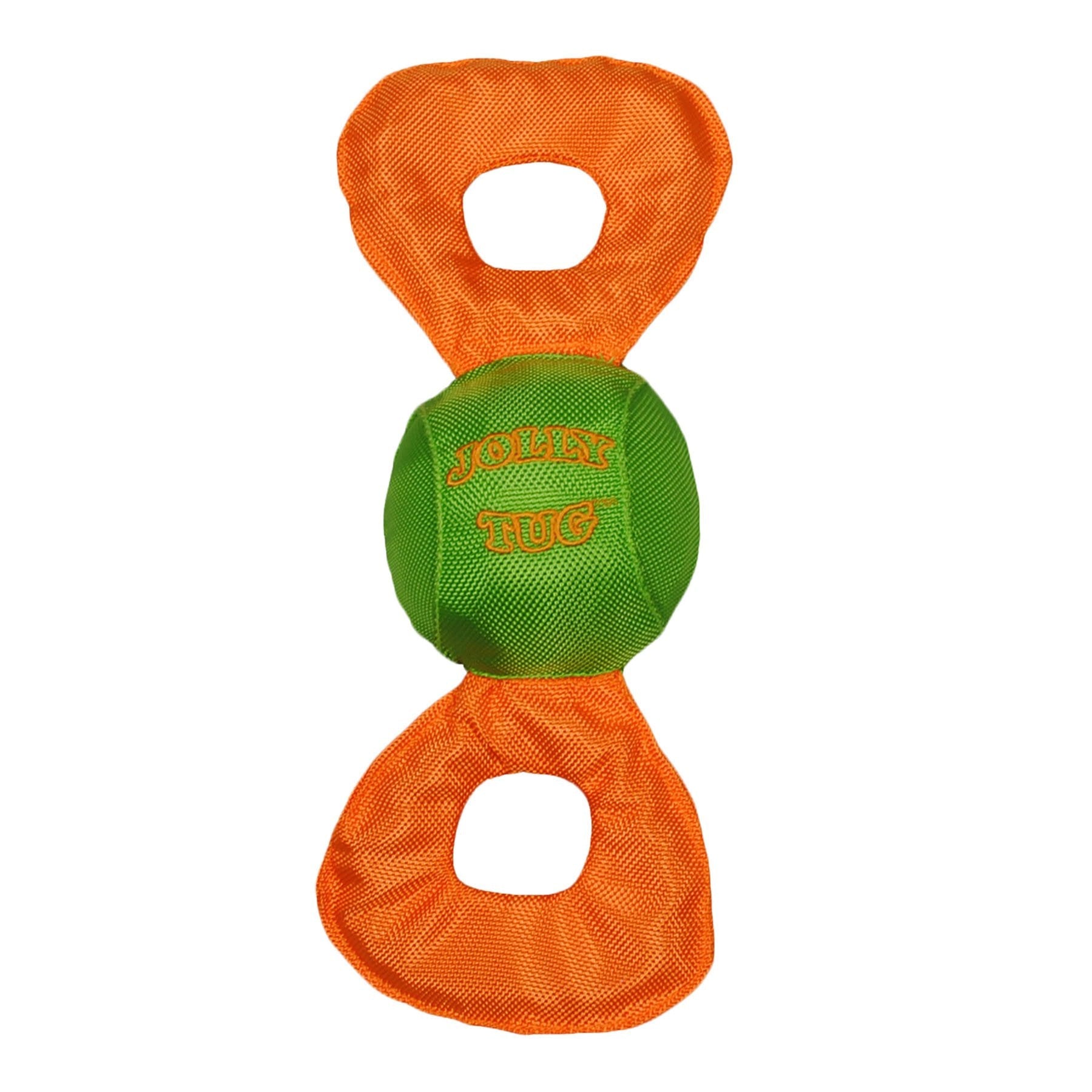 Jolly Tug dog toy in green and orange with durable fabric for interactive playtime