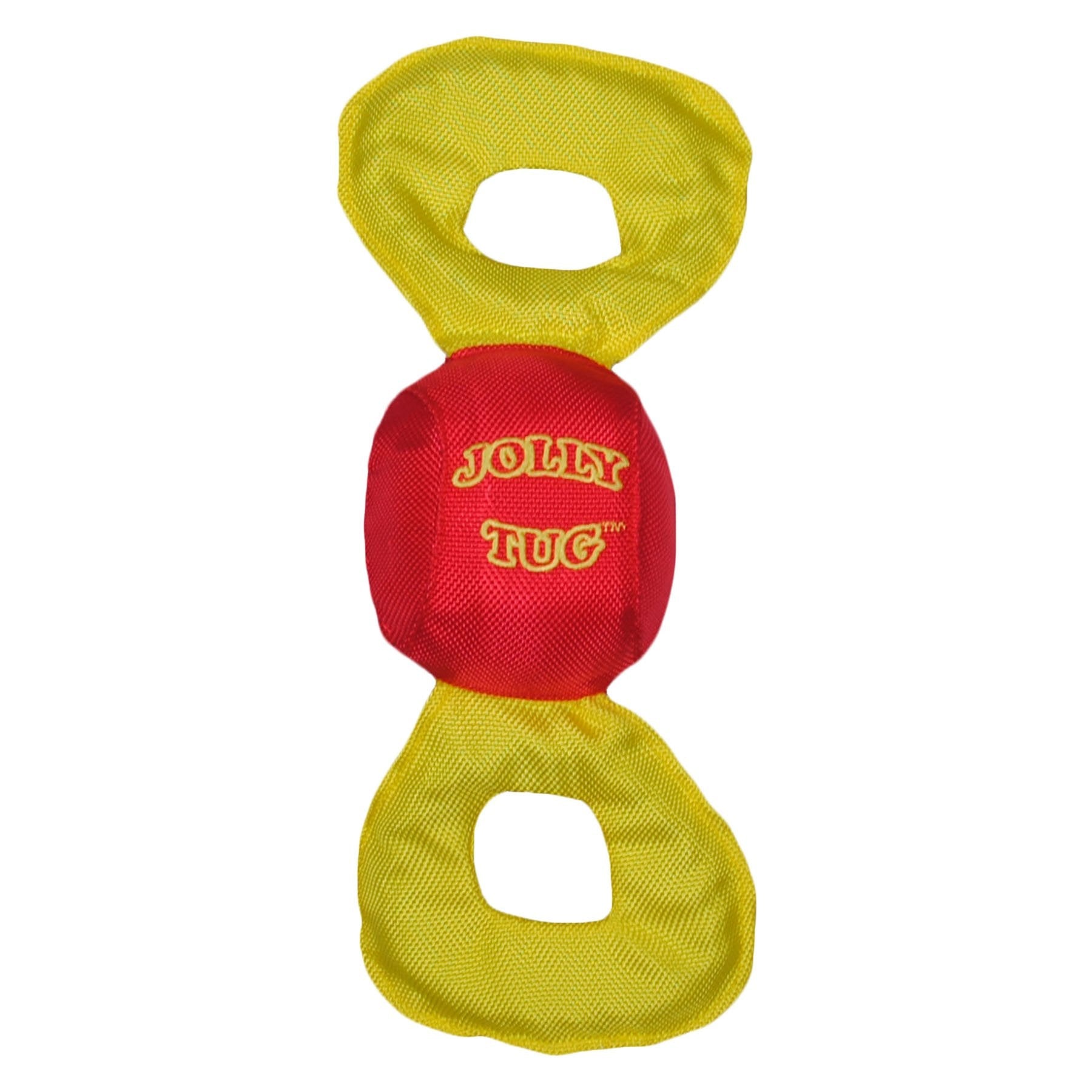 Jolly Tug dog toy in red and yellow, designed for interactive play and fun with pets
