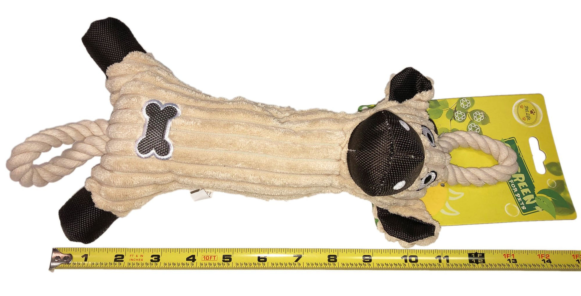 PawCounter.com beige jute rope dog toy shaped like a dog with black ears and white bone patch