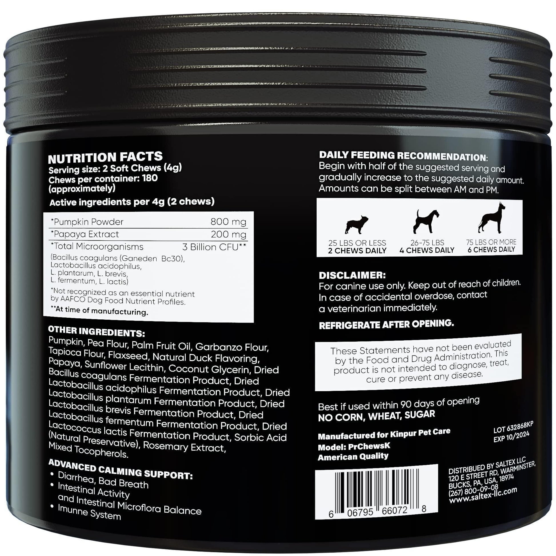 PawCounter.com dog probiotics for itchy skin in soft chew form with natural ingredients and feeding instructions