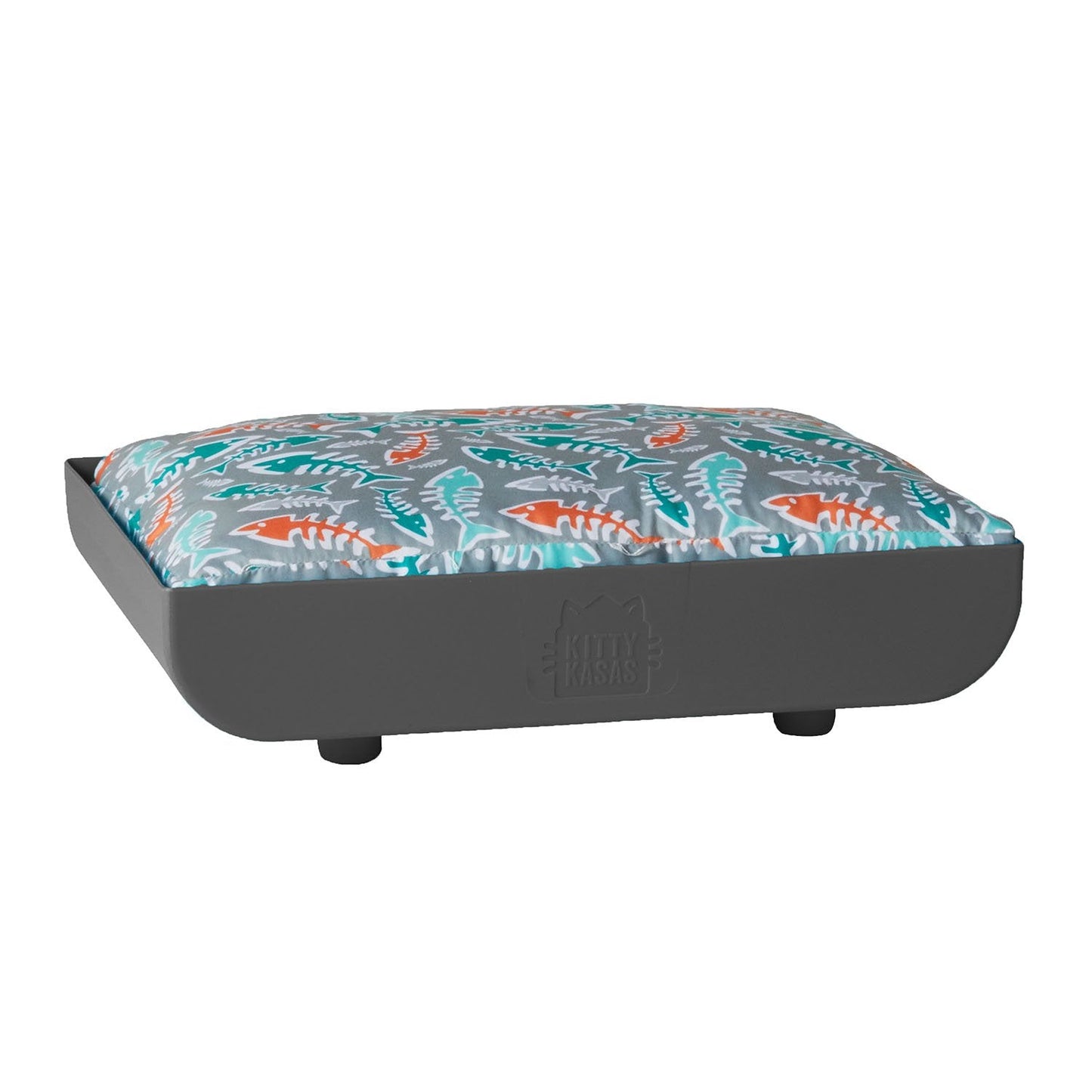 Jolly Pets Kitty Kasa Penthaus cat bed with a colorful fish pattern for stylish pet comfort