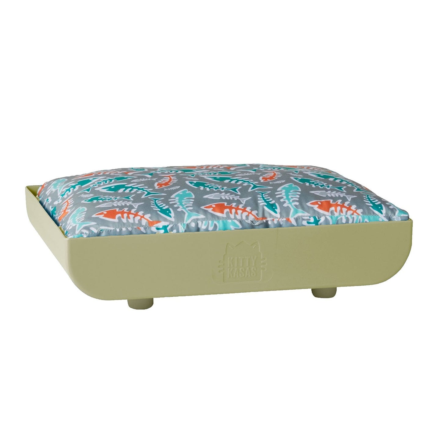 Jolly Pets Kitty Kasa Penthaus cat bed with colorful fish-patterned cushion for stylish pet comfort