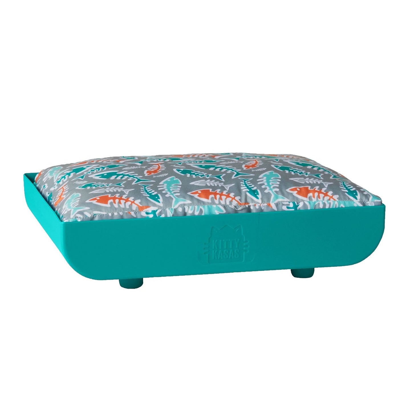 Jolly Pets Kitty Kasa Penthaus cat bed in turquoise with fish-patterned cushion for cats