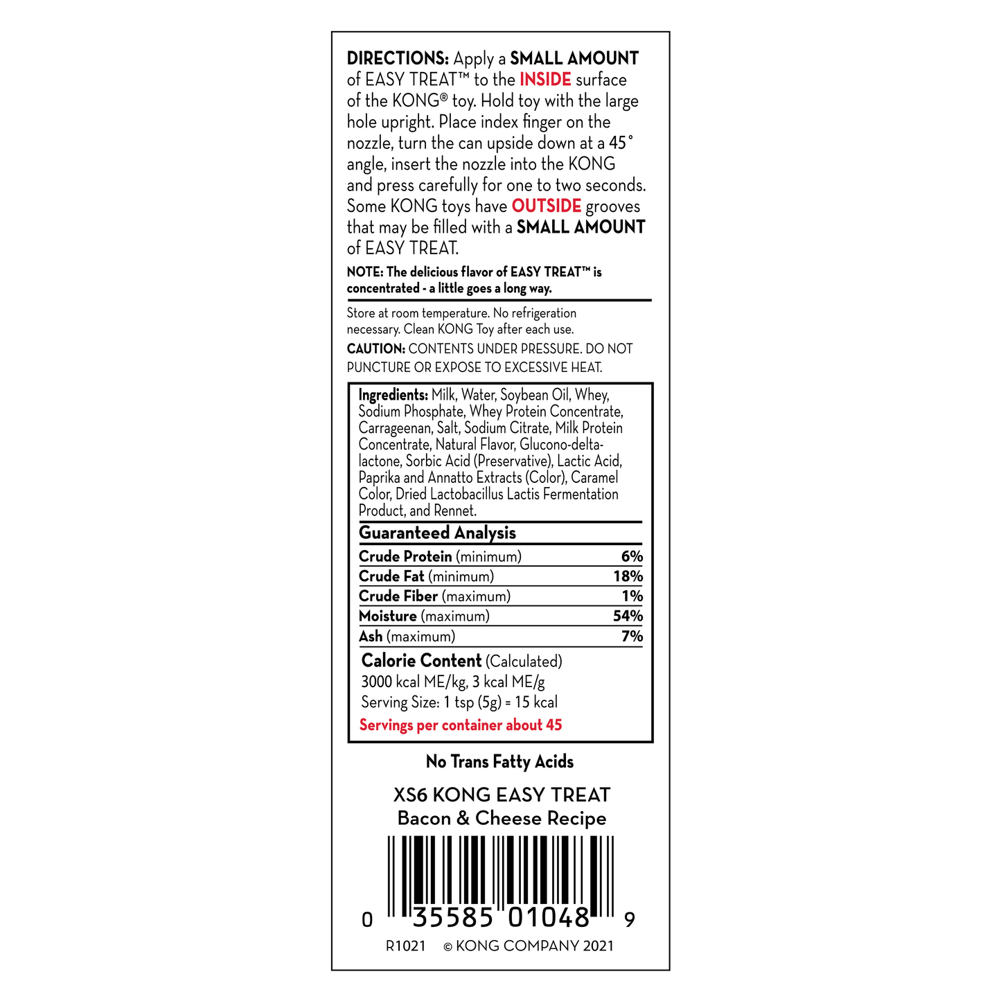 The Family Pet Kong Easy Treat for dogs Bacon and Cheese Recipe nutritional label and usage instructions