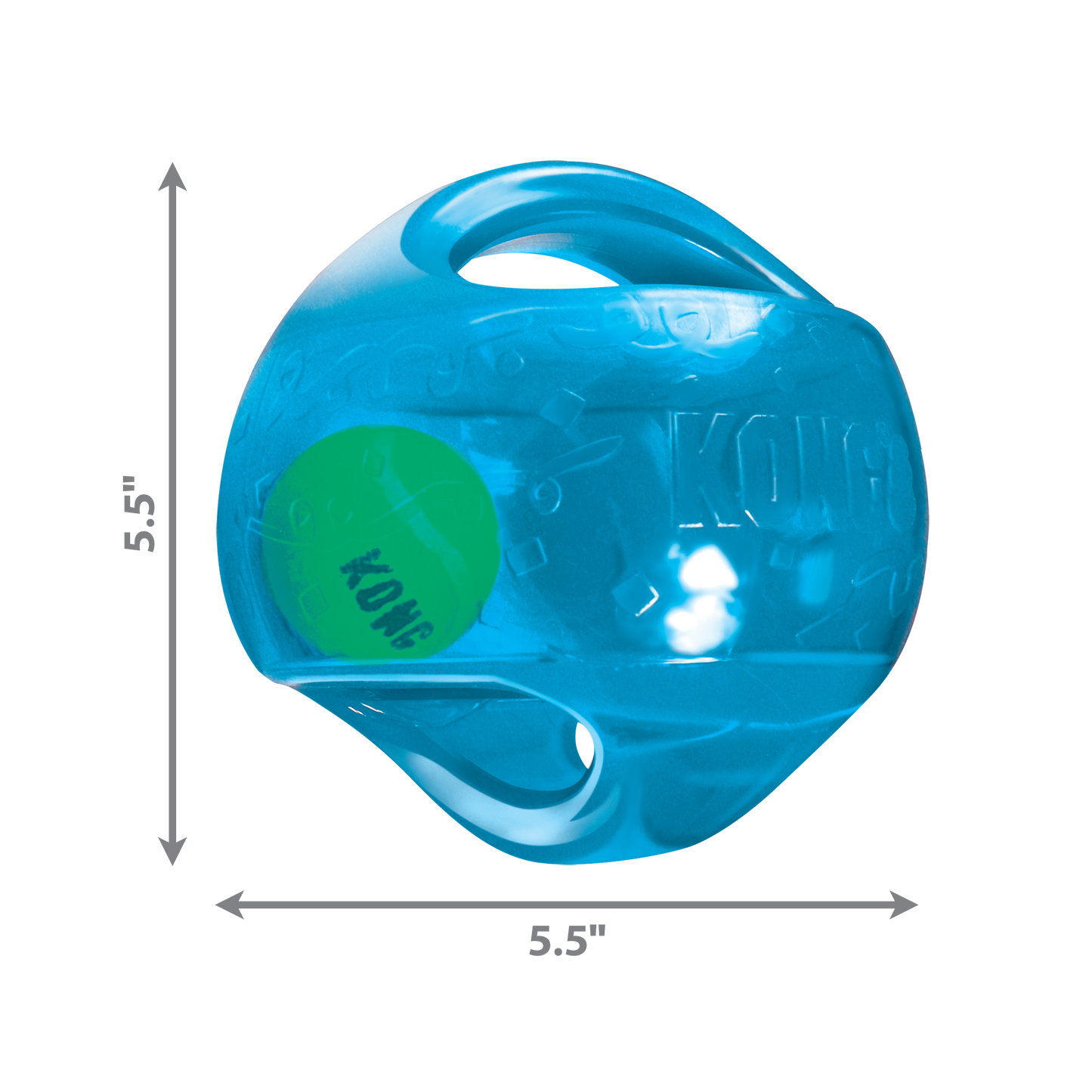 The Family Pet Kong Jumbler Ball dog toy in blue with a green ball inside and built-in handles