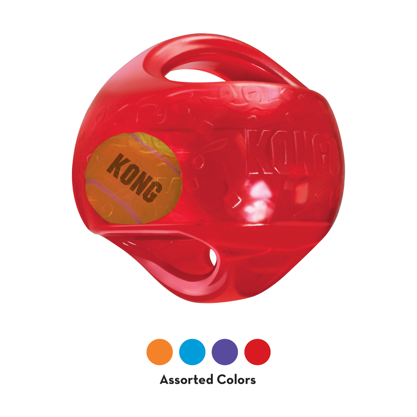 Red Kong Jumbler Ball dog toy with handle cutouts and tennis ball inside for interactive play