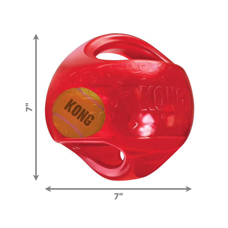 Red Kong Jumbler Ball dog toy with built-in tennis ball and handle, 7 inch diameter