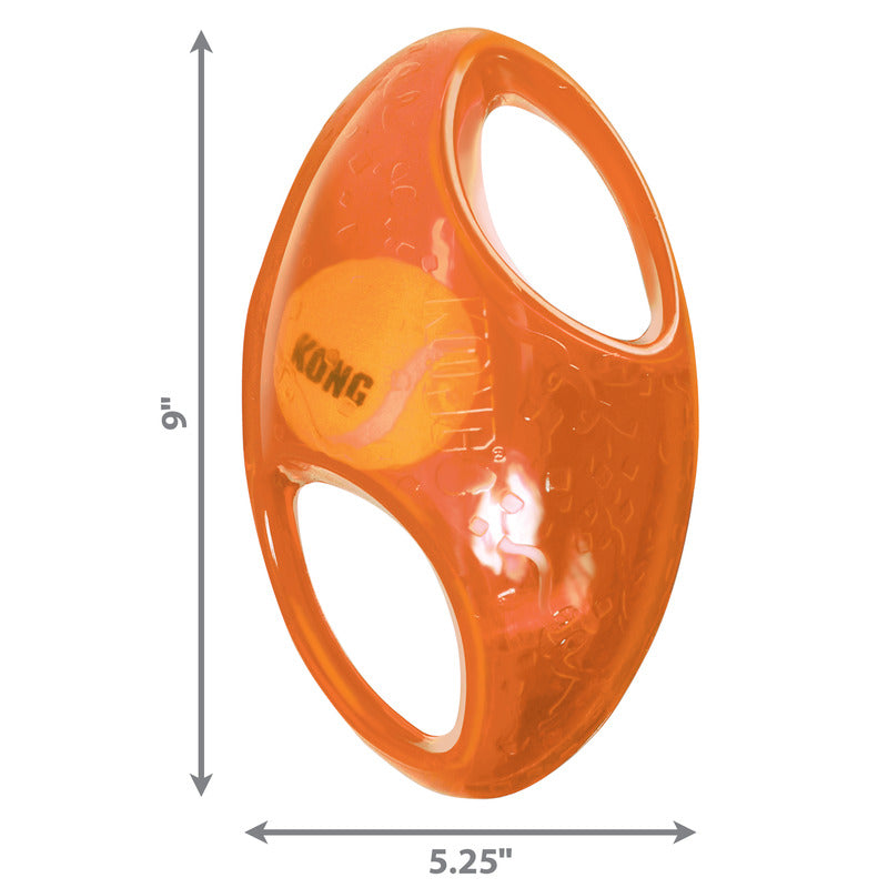Kong Jumbler Football dog toy in orange with two handles and a small ball inside for interactive play