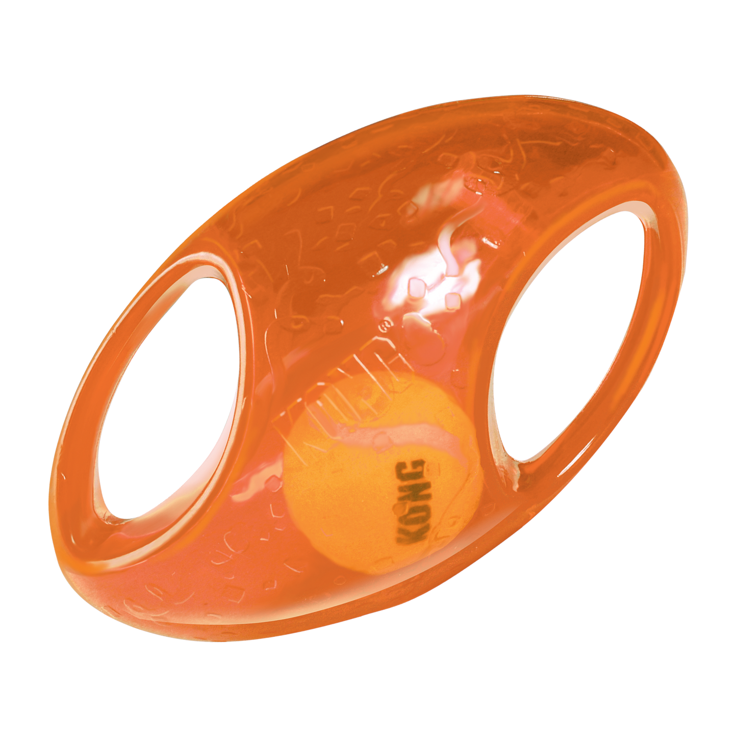 The Family Pet Kong Jumbler Football dog toy in orange with squeaky tennis ball inside