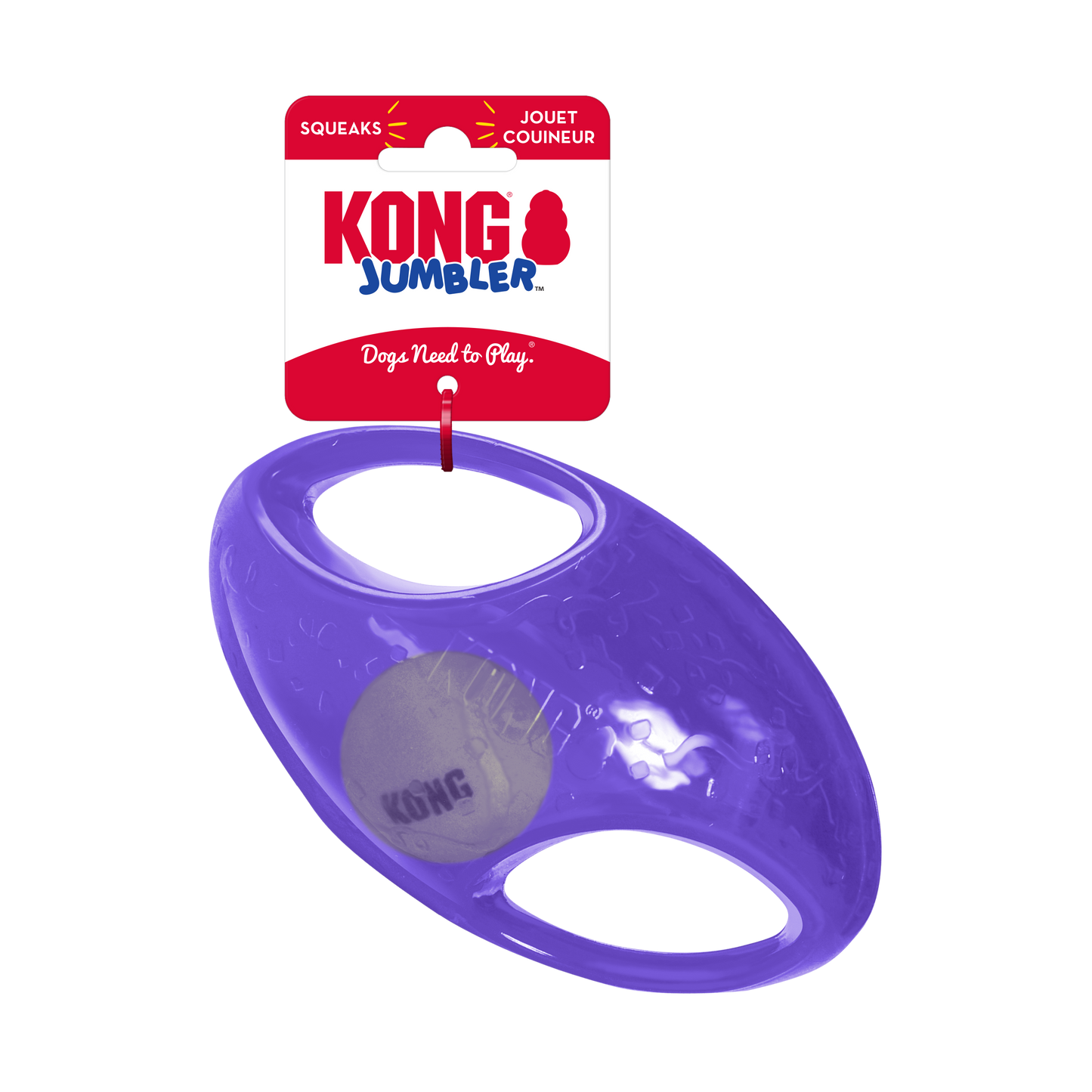 Kong Jumbler Football dog toy in purple with tennis ball inside for interactive dog play
