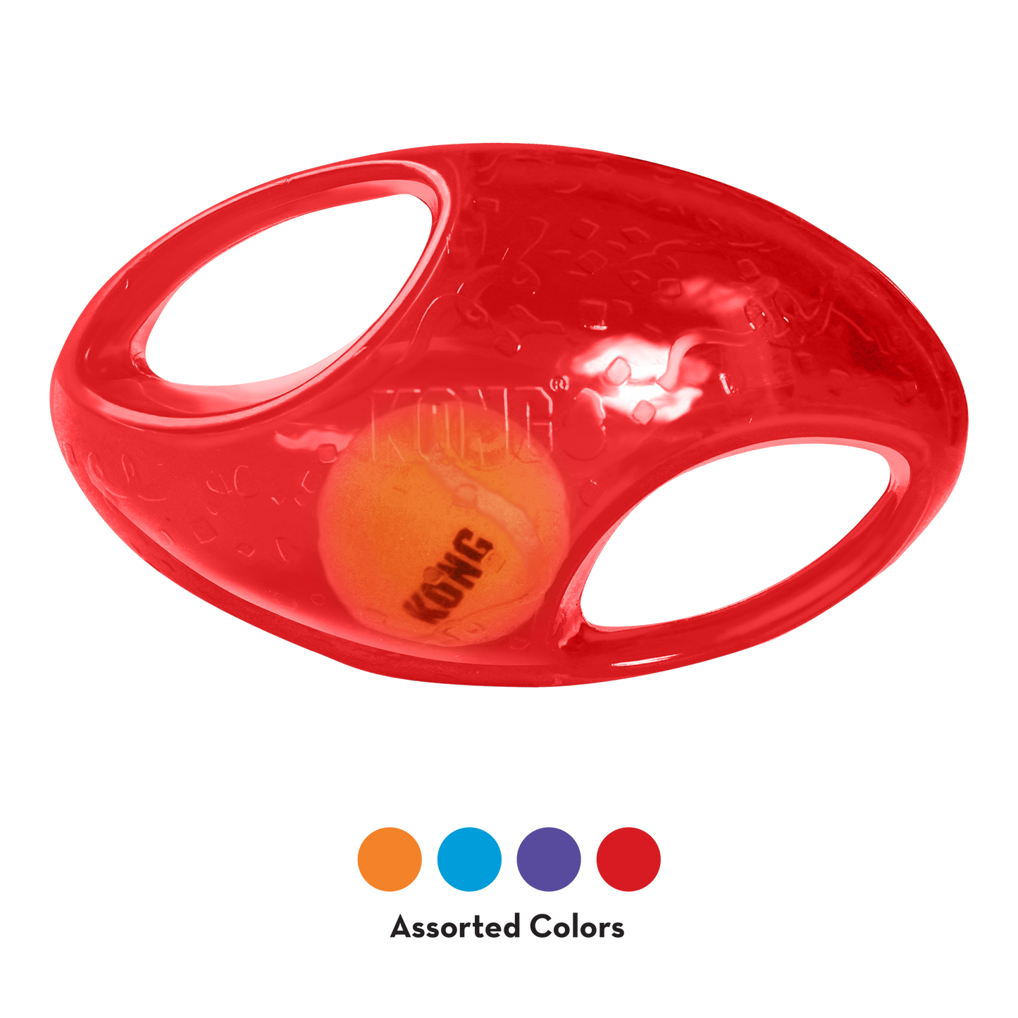 The Family Pet Kong Jumbler Football dog toy in red with orange ball inside for interactive play