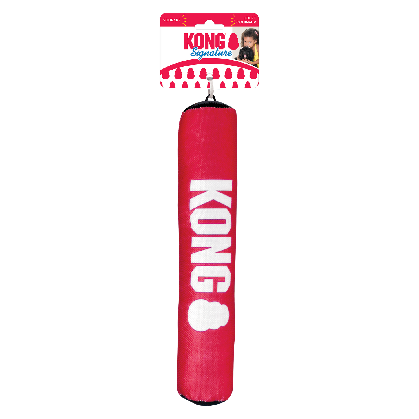 Red Kong Signature Stick dog toy by The Family Pet with durable material and squeaker inside