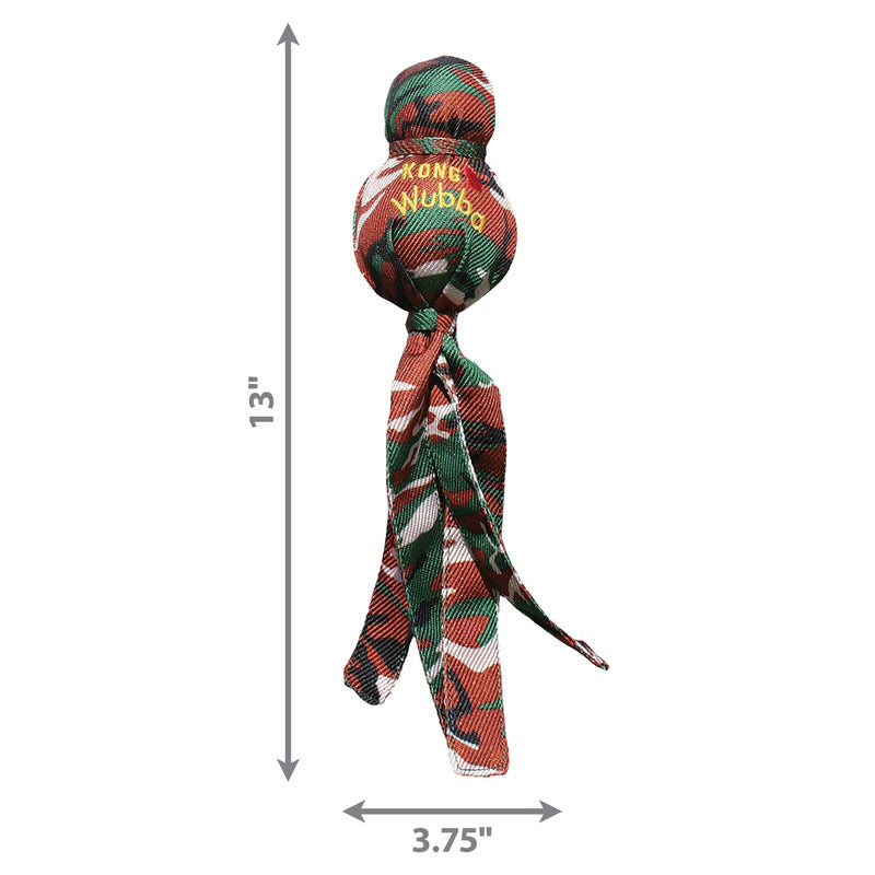 Kong Wubba Camo dog toy with durable fabric and long tails for interactive play