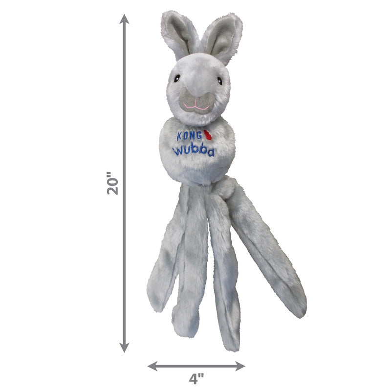 Kong Wubba Friends dog toy in gray featuring a soft bunny design with long floppy arms