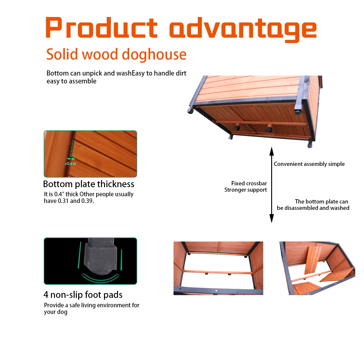 Large weatherproof dog house with solid wood construction non-slip foot pads and easy to assemble bottom plate