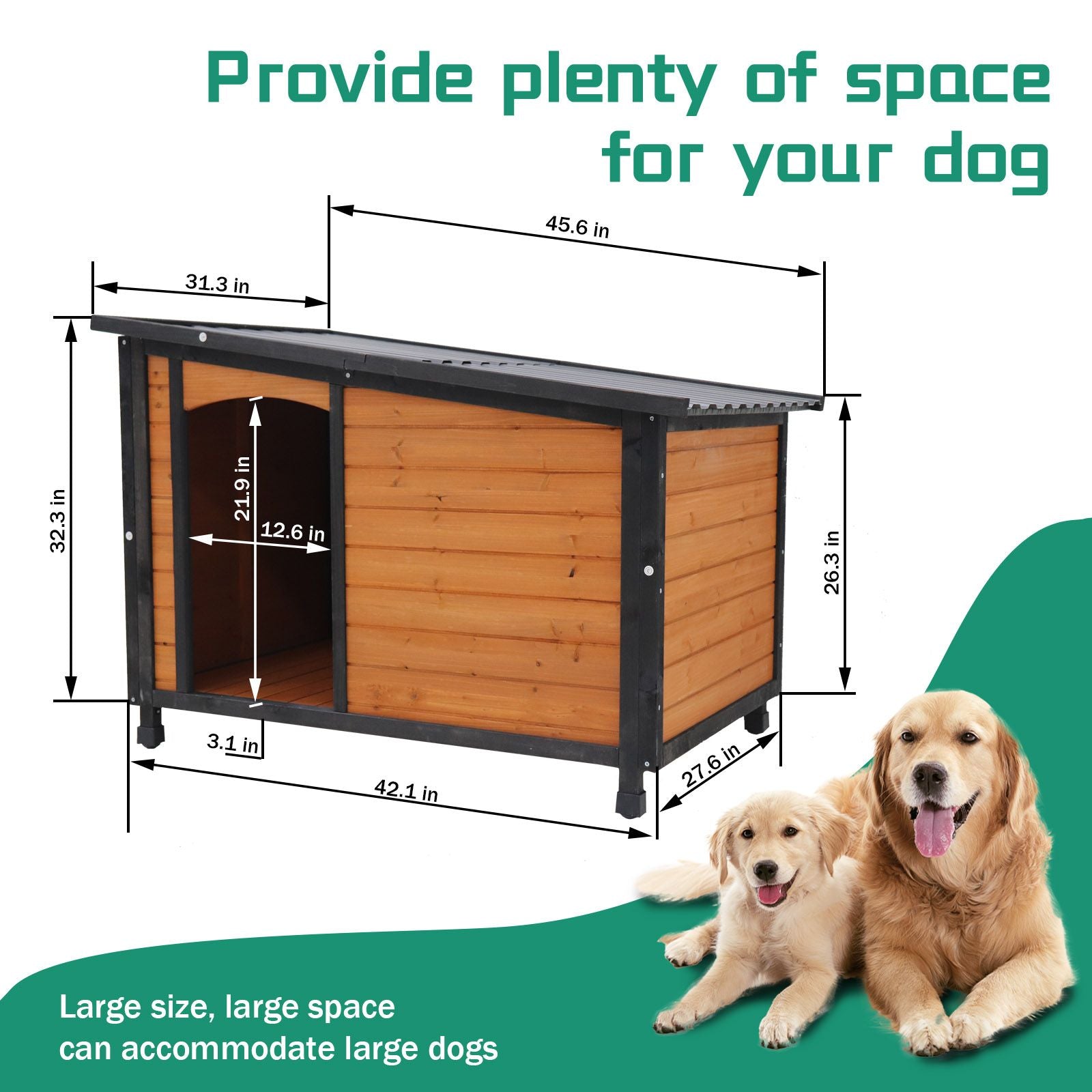 Large weatherproof dog house with measurements and space for large dogs by PawCounter.com
