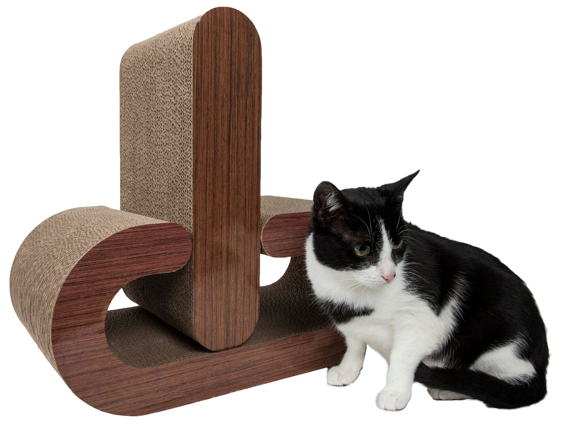 Luxury cat scratcher furniture in wood design with brown scratch pads and black and white cat beside it