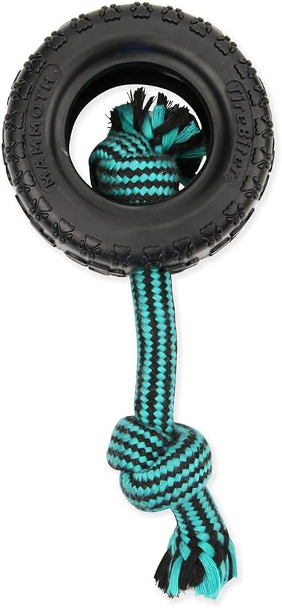 Mammoth Tire Biter II for dogs rubber tire toy with blue and black rope attached by The Family Pet