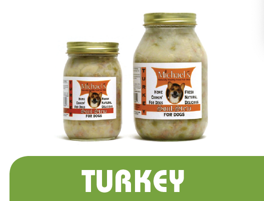 The Family Pet natural turkey dog food in two glass jars with gold lids showing homemade style wet dog food