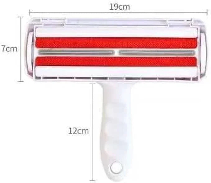 White pet hair remover roller with dual red fabric strips in clear protective case ergonomic white handle 19cm wide 12cm handle