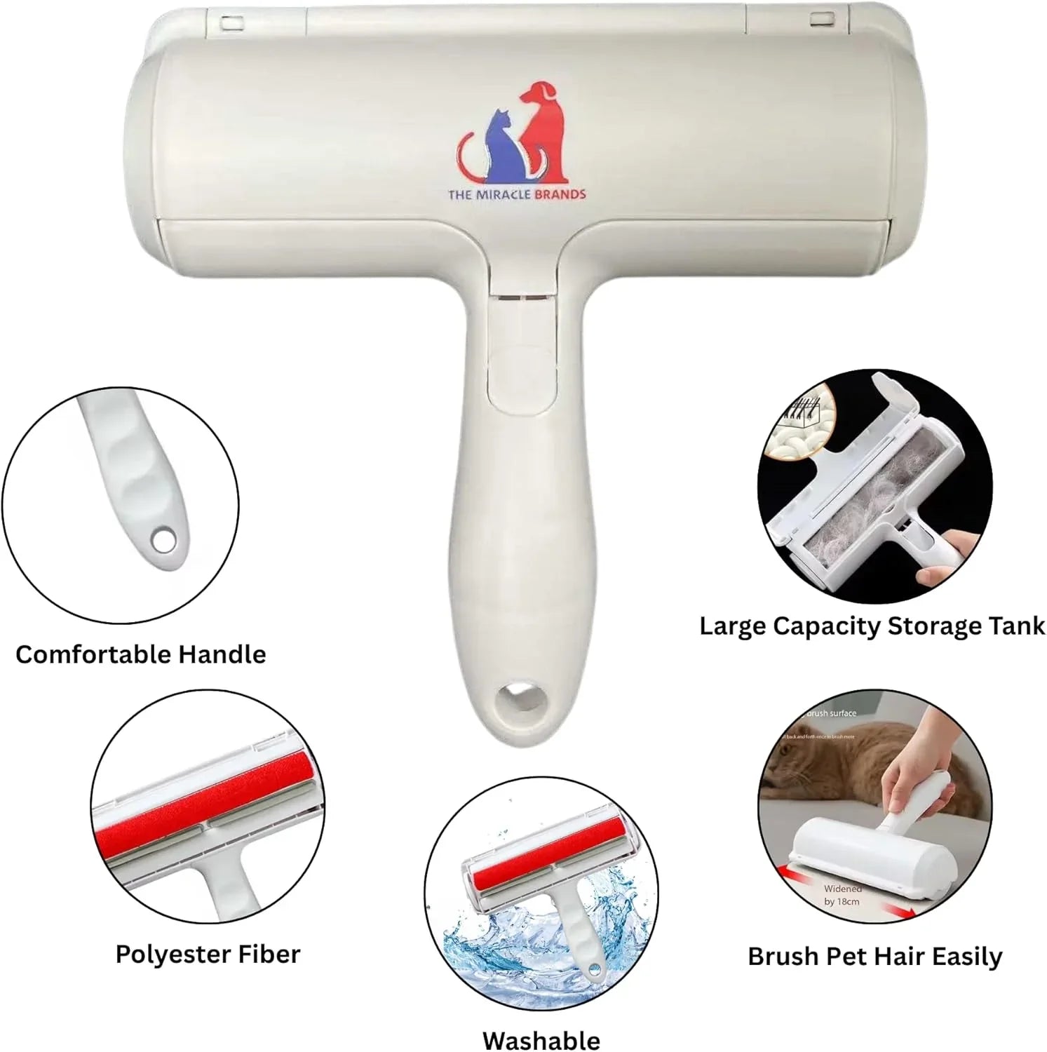 White reusable pet hair remover roller with ergonomic handle washable polyester fiber and large storage tank