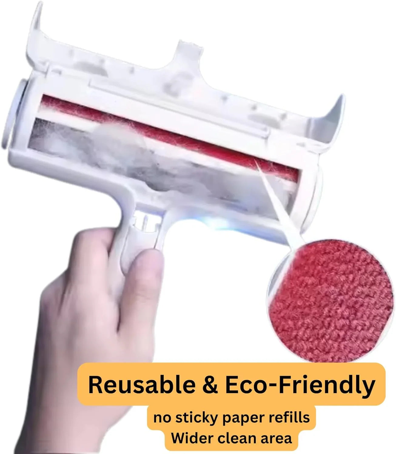 Reusable pet hair remover roller with red fabric and white handle held in hand showing closeup fabric texture