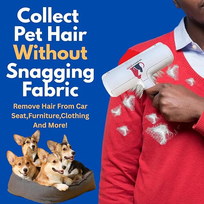 person using pet hair remover roller on red sweater removing white fur with corgis in a pet bed