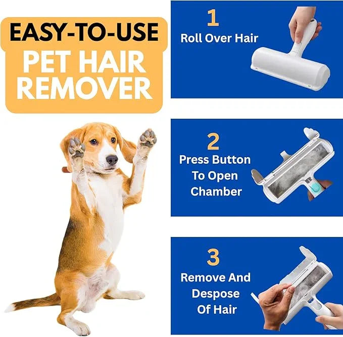 Easy to use pet hair remover roller with push button chamber for collecting and disposing pet hair