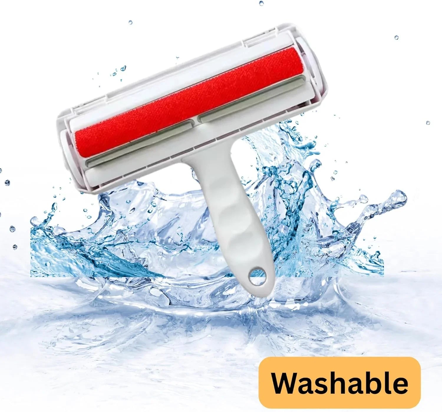 White handheld washable pet hair remover roller with red adhesive surface and ergonomic handle