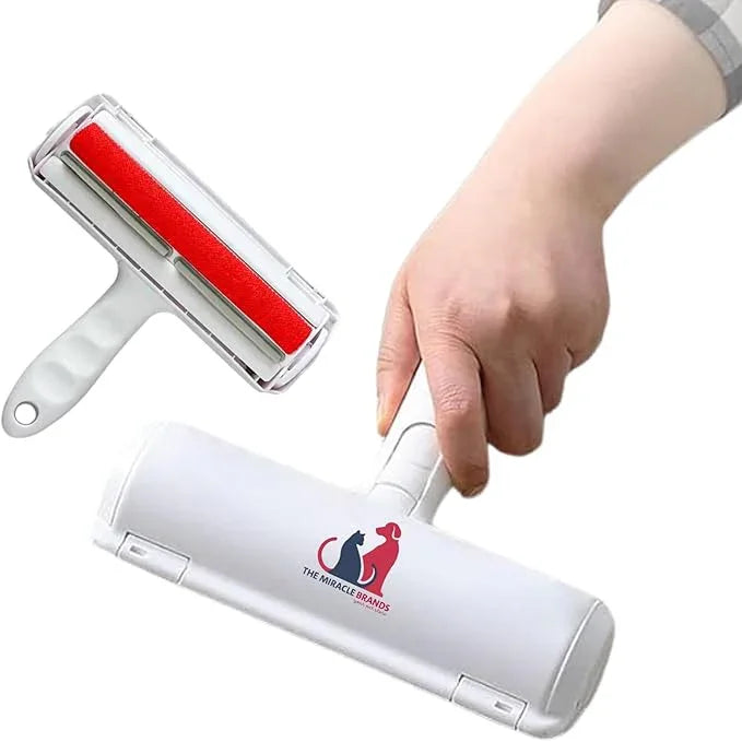 Handheld pet hair remover roller in white with red reusable adhesive refill for furniture clothing and carpets