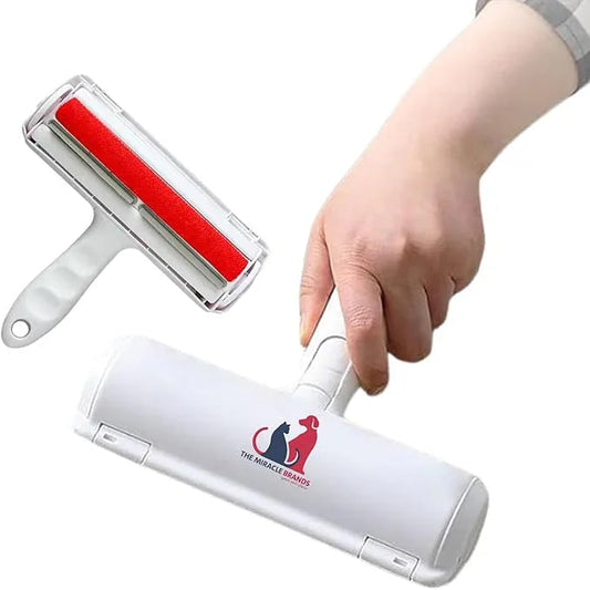Handheld pet hair remover roller in white with red reusable adhesive refill for furniture clothing and carpets