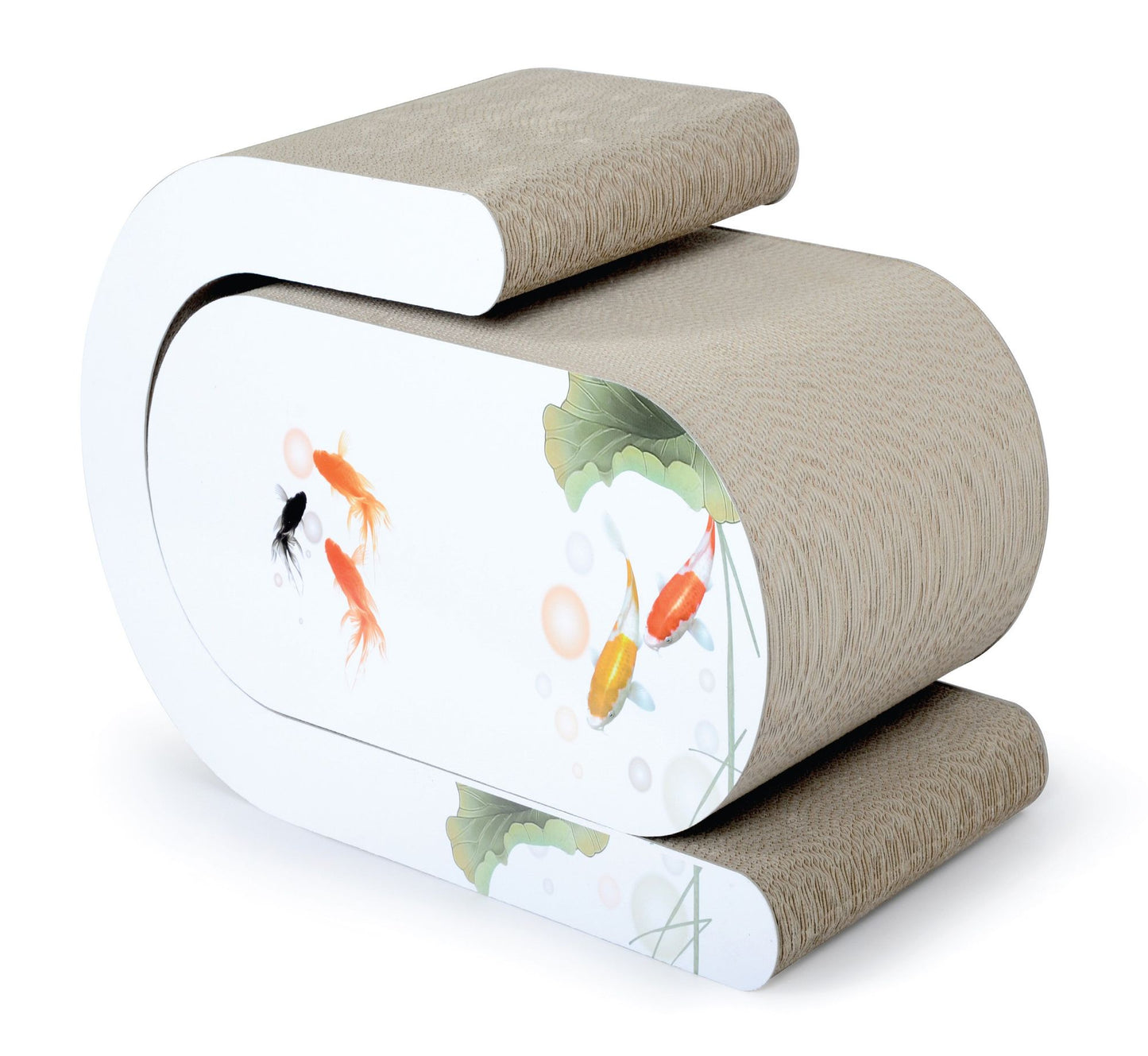 Modern cat scratcher with curved design and fish artwork on the side by PawCounter.com