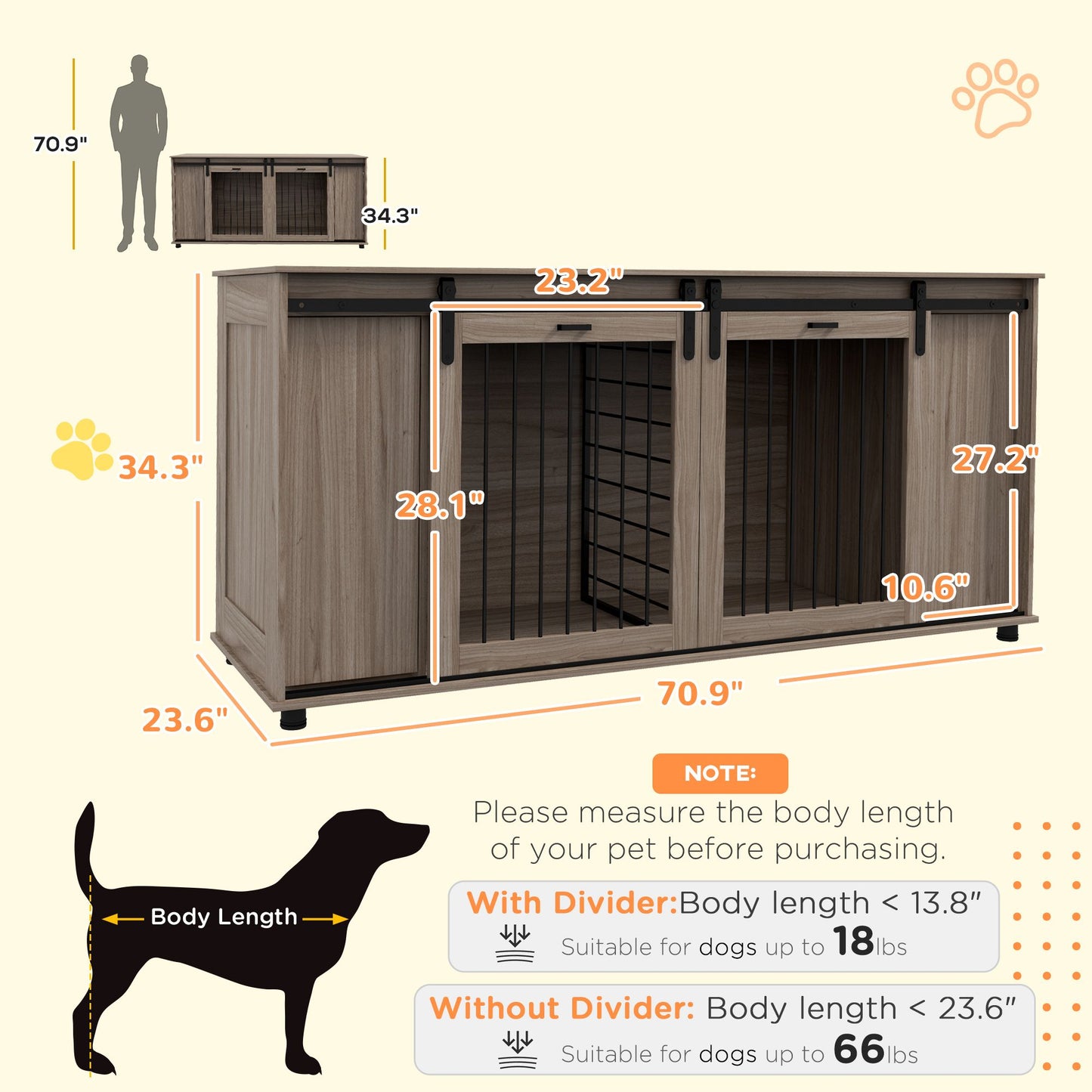 Modern dog kennel furniture with divider options fits dogs up to 66 lbs with measurements shown