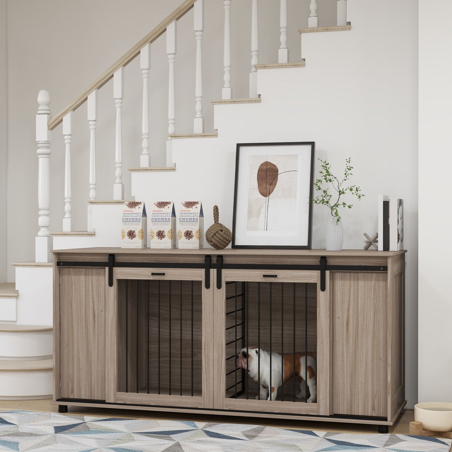 Modern dog kennel furniture with sliding doors and wood finish placed under staircase with dog inside