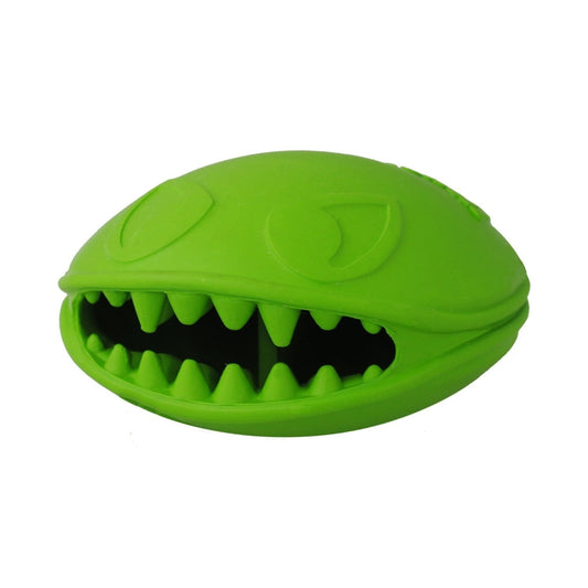 Jolly Pets monster mouth dog toy in vibrant green, designed for durable play and interactive fun