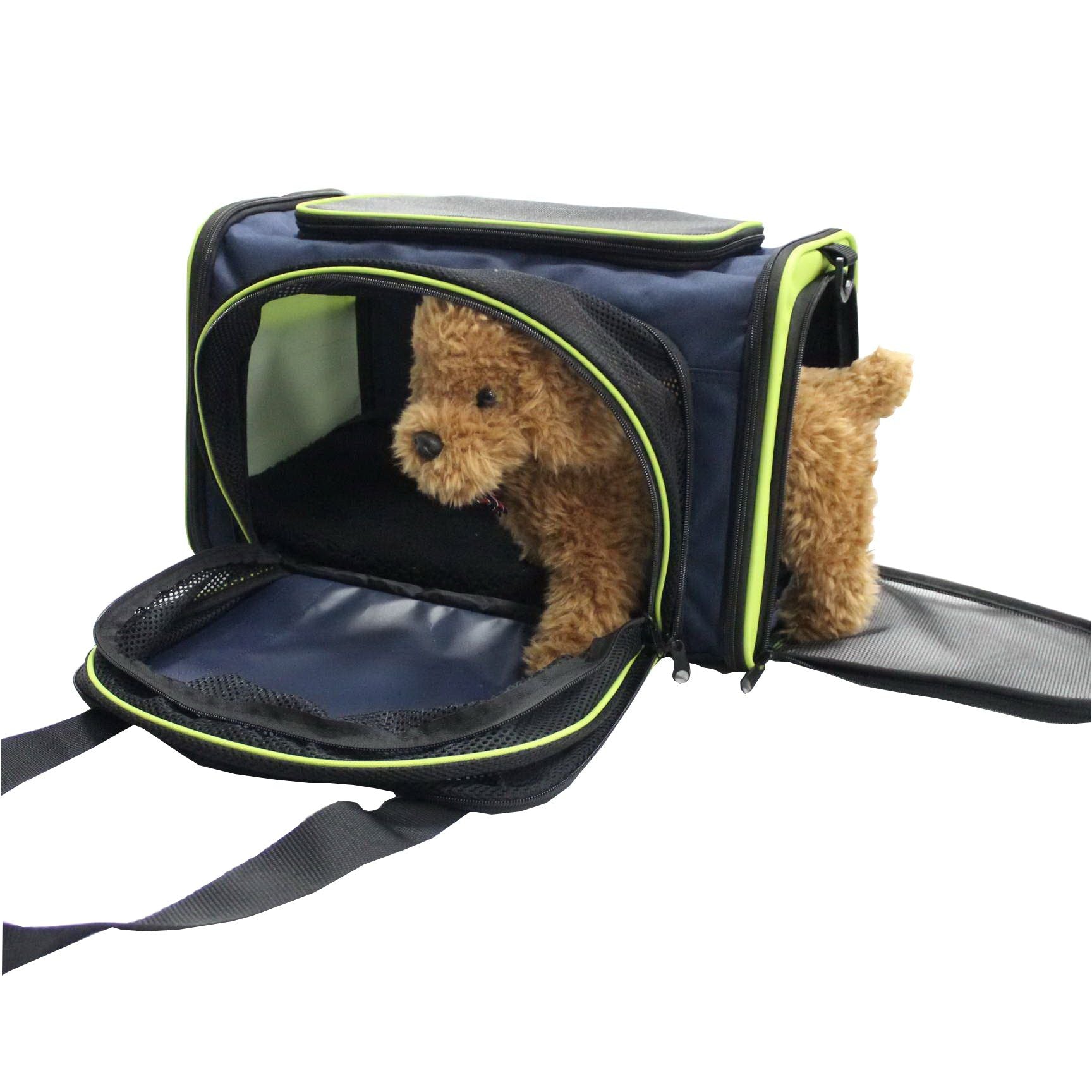 Airline approved pet carrier in navy blue with mesh windows and green trim, showing a small dog inside