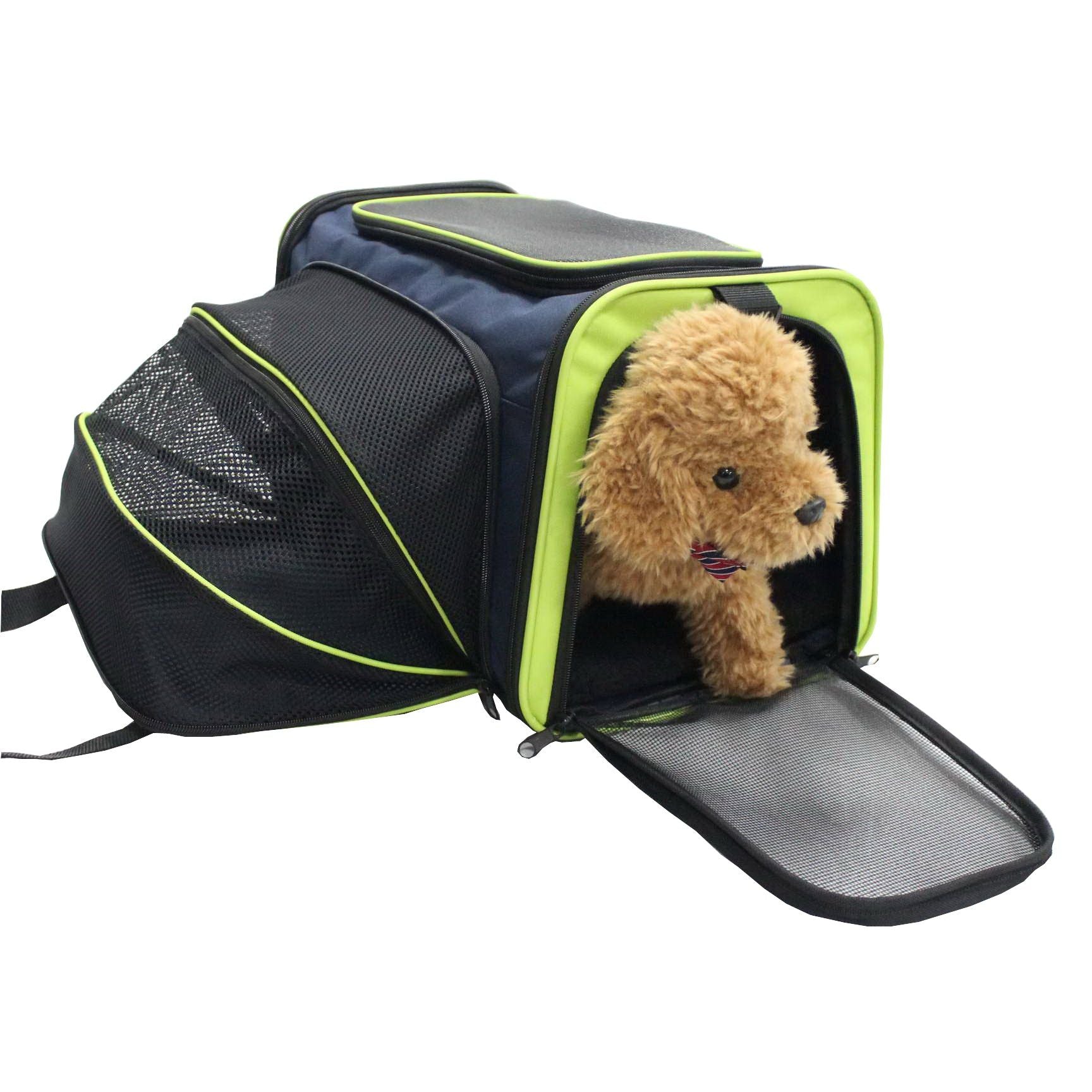 PawCounter.com airline approved pet carrier in black and green with mesh panels and stuffed dog inside
