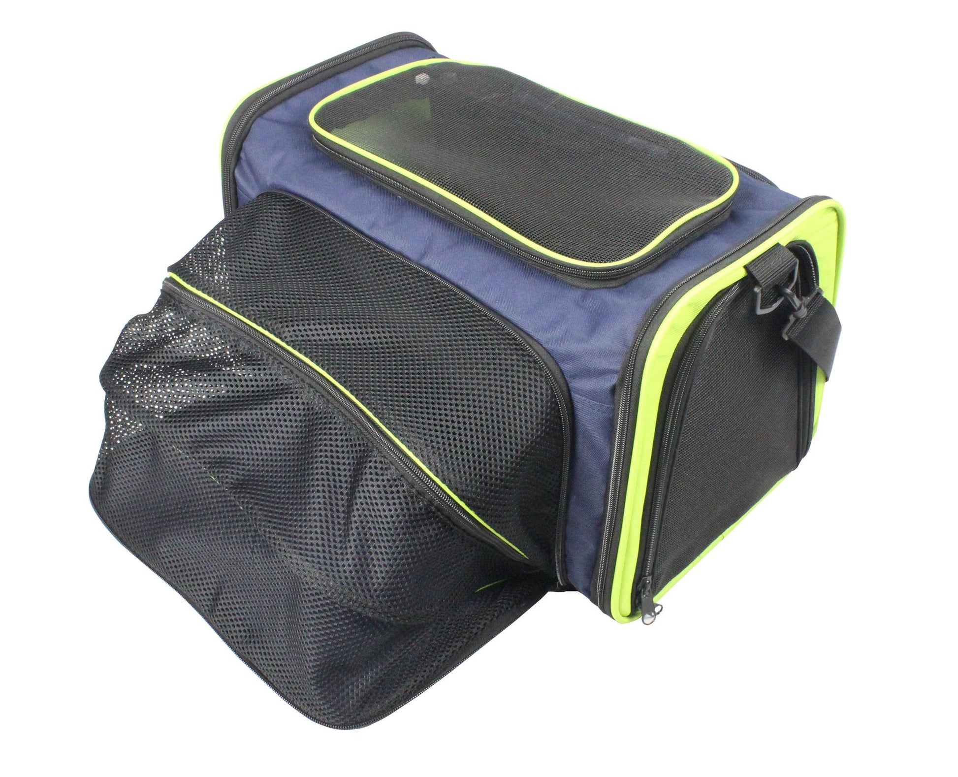 Navy and neon green airline approved pet carrier with mesh sides and zippered compartments
