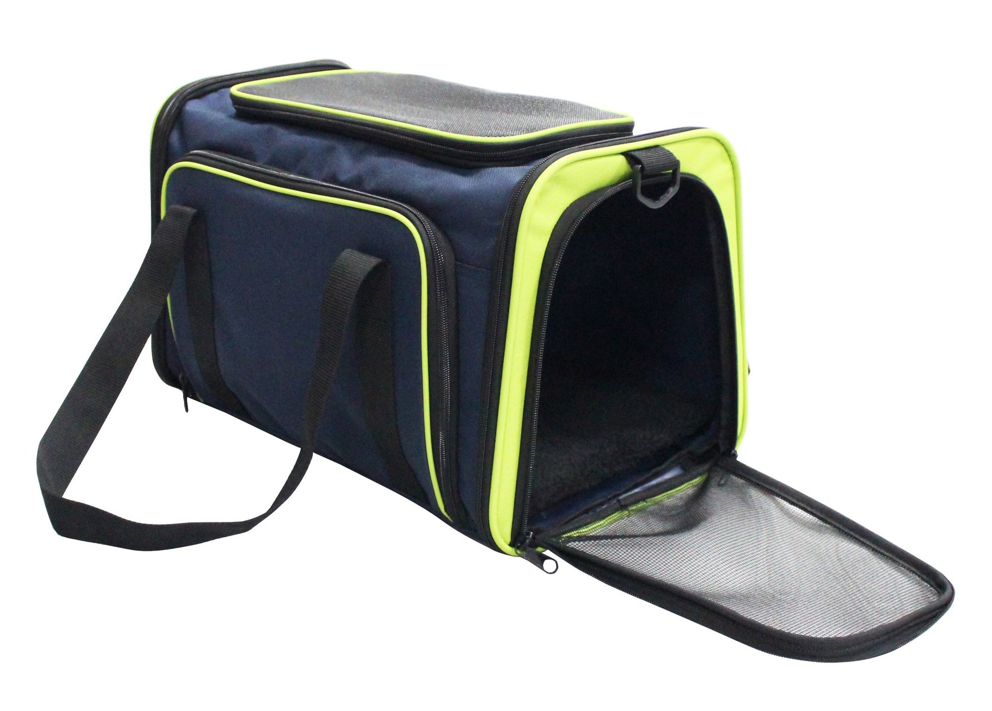 Navy blue and lime green airline approved pet carrier with mesh door and shoulder strap