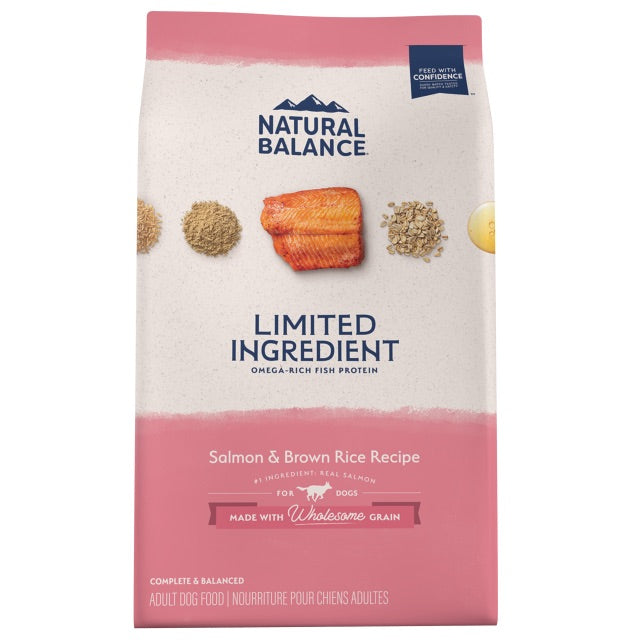 Natural Balance dry dog food bag with salmon and brown rice dog food recipe for adult dogs