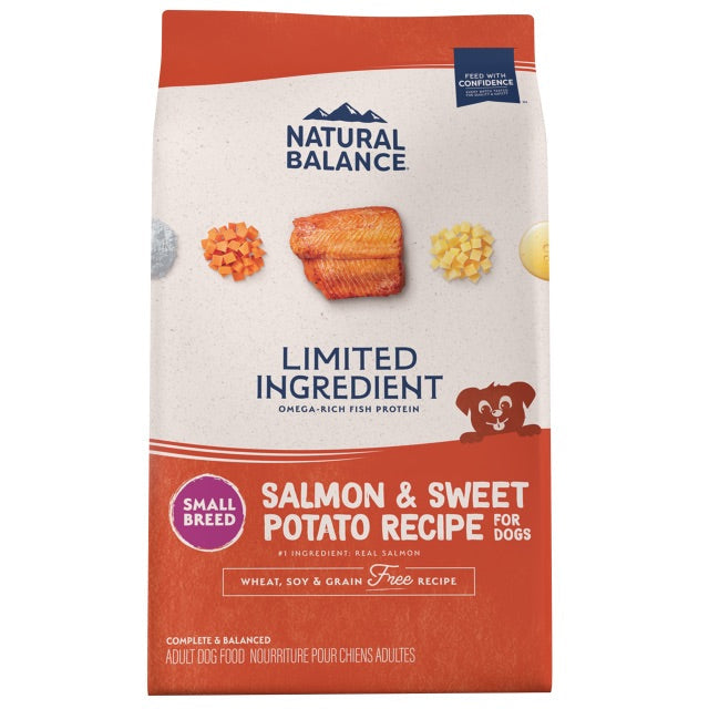 Natural Balance small breed dry dog food bag with salmon and sweet potato dog kibble recipe