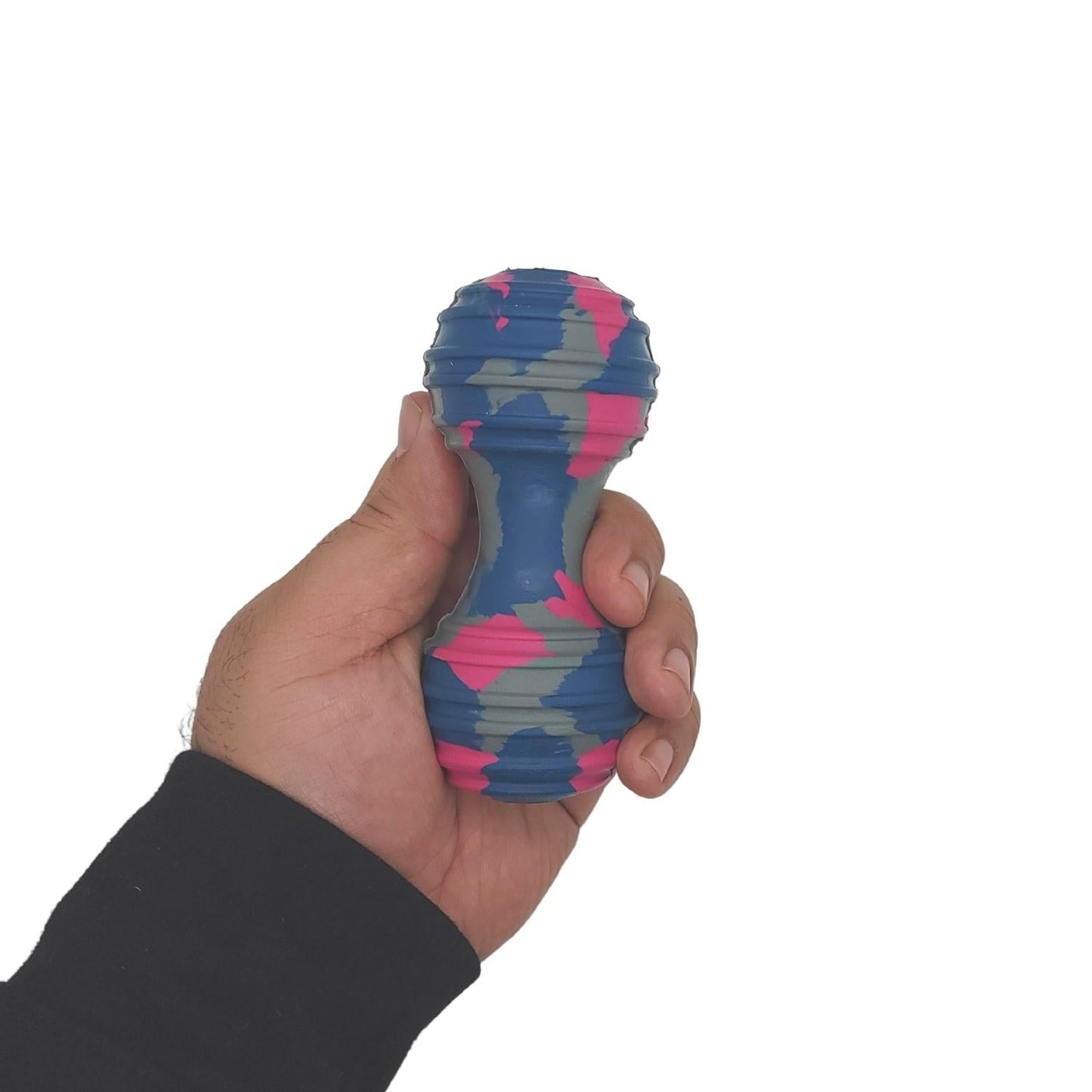 American Pet Supplies natural rubber dog chew toy in blue gray and pink held in hand