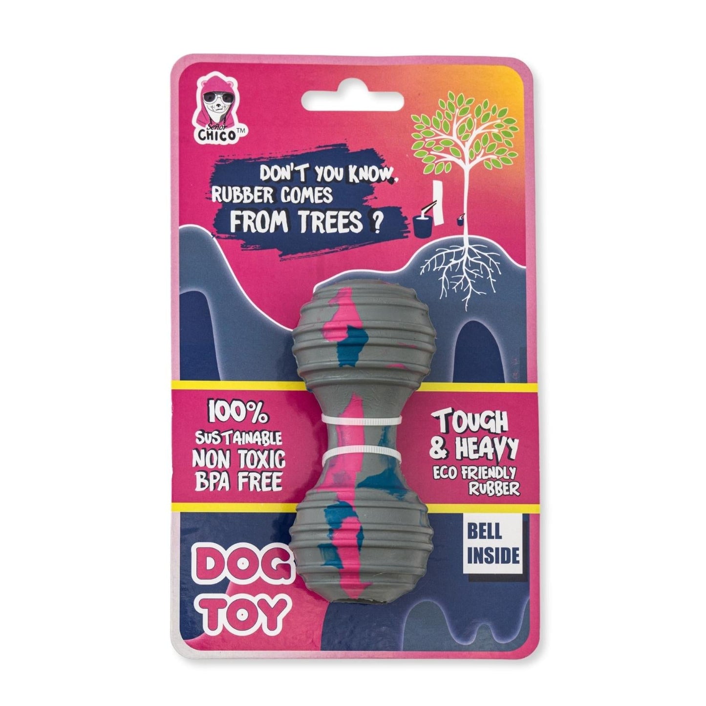 American Pet Supplies natural rubber dog chew toy in gray with pink and blue accents and bell inside