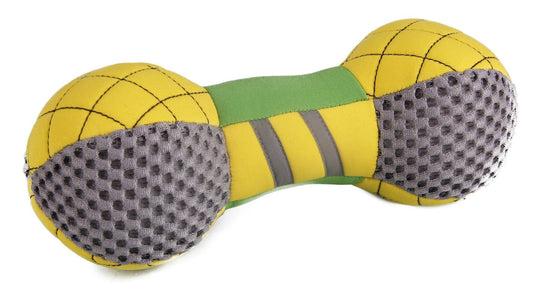 Yellow and green neoprene dog fetch toy shaped like a bone with textured gray grip sections